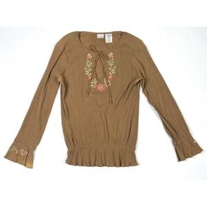 No Boundaries Womens Shirt Junior Medium Long Bell Sleeves Floral Brown